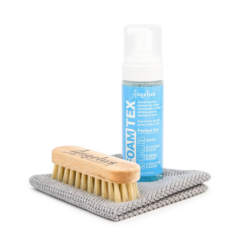 Angelus Foam Tex Kit features Angelus Foam Tex, Angelus Cleaning Brush, and Angelus Microfiber Cloth
