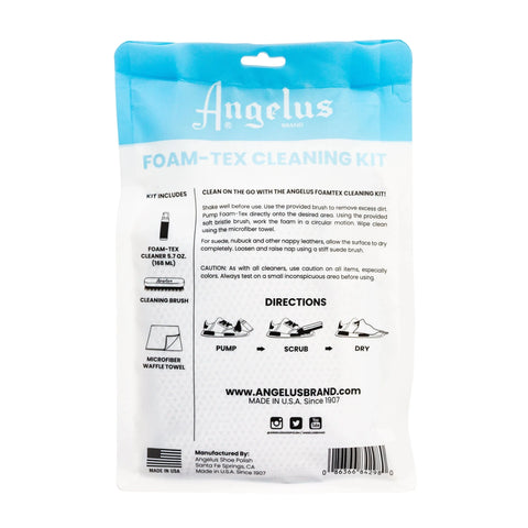 Angelus Foam Tex Kit features Angelus Foam Tex, Angelus Cleaning Brush, and Angelus Microfiber Cloth